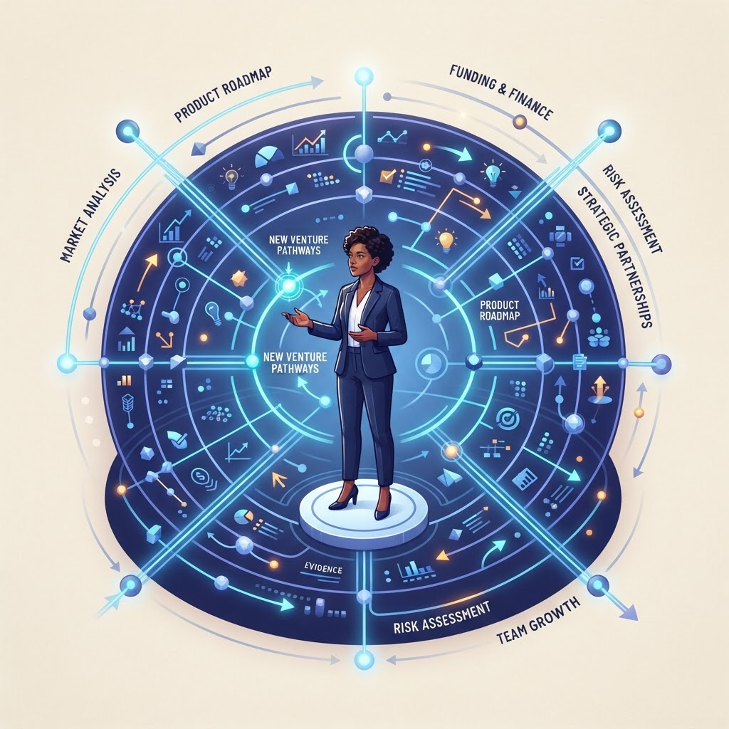 A founder navigating an orbital map of connected evidence points